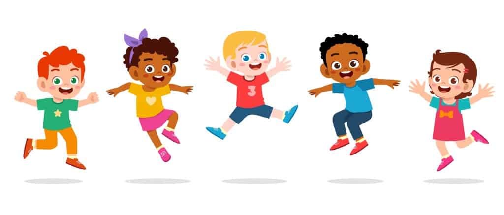 Animated image of happy mixed race children jumping and showing excitement.