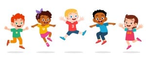 Animated drawing of happy children jumping for joy with their new shoes.