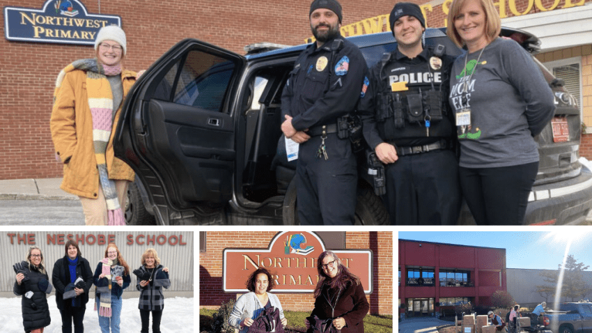 Rutland Resource Officer delivering hats and mittens donations to Rutland area schools. Teachers shown accepting the donations. Volunteers transporting the boxes of donations.