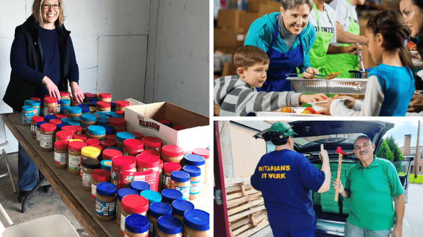 volunteer collage - woman with multiple jars of peanut butter, woman and child service people in meal line, two Rotarian volunteers helping to deliver.