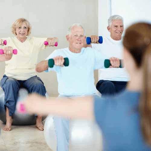 Older folks exercising in a Bone Builder class.