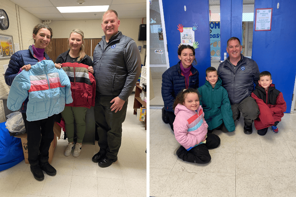 Isabella and Curtis delivering coats and snowpants to Rutland County schools. 
